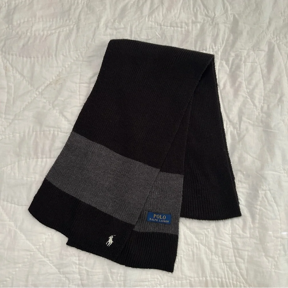 Polo Ralph Lauren Scarf Mens Rugby Stripe Black & Gray White Pony Wool Blend